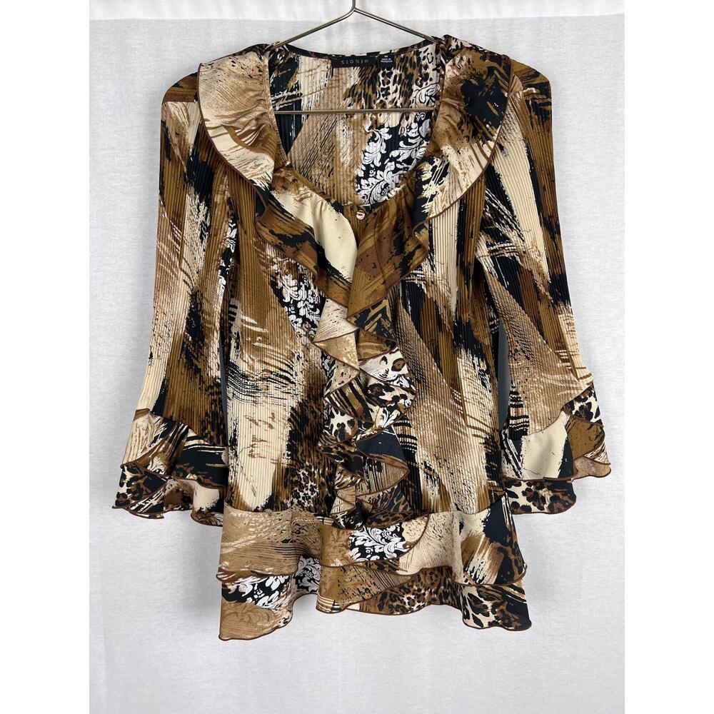 Vintage 90s Animal Print Top Ruffle Blouse Mob Wife Era Maximalist Office Siren